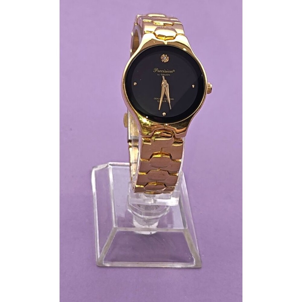 Precision by Gruen Diamond Watch Womens 27mm Gold Tone Black Dial Tested Working